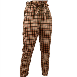 Almost Famous Rust Cream & Black Plaid Paper Bag High-Waisted Taper Ankle Pant L